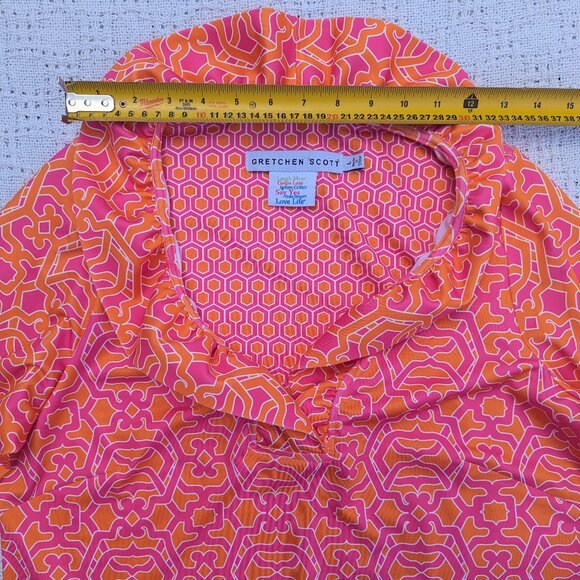 Gretchen Scott Pink & Orange Ruffneck Shift Dress Size L Knee Length 3/4 Sleeve - Picture 3 of 8